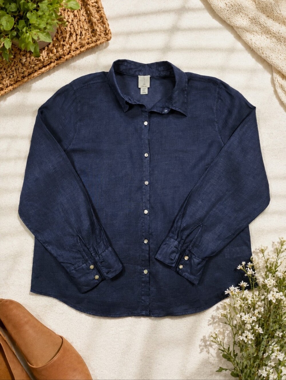 Joie 100% Linen Button Front Shirt Navy Blue Long Sleeve Women's XL